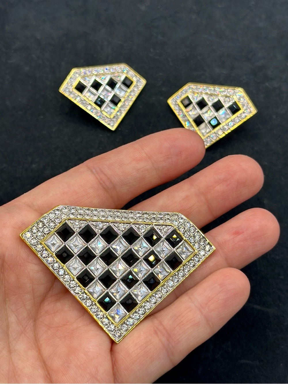 Park Lane Gold-Tone Black and Clear Crystal Checkerboard Brooch & Earring Set